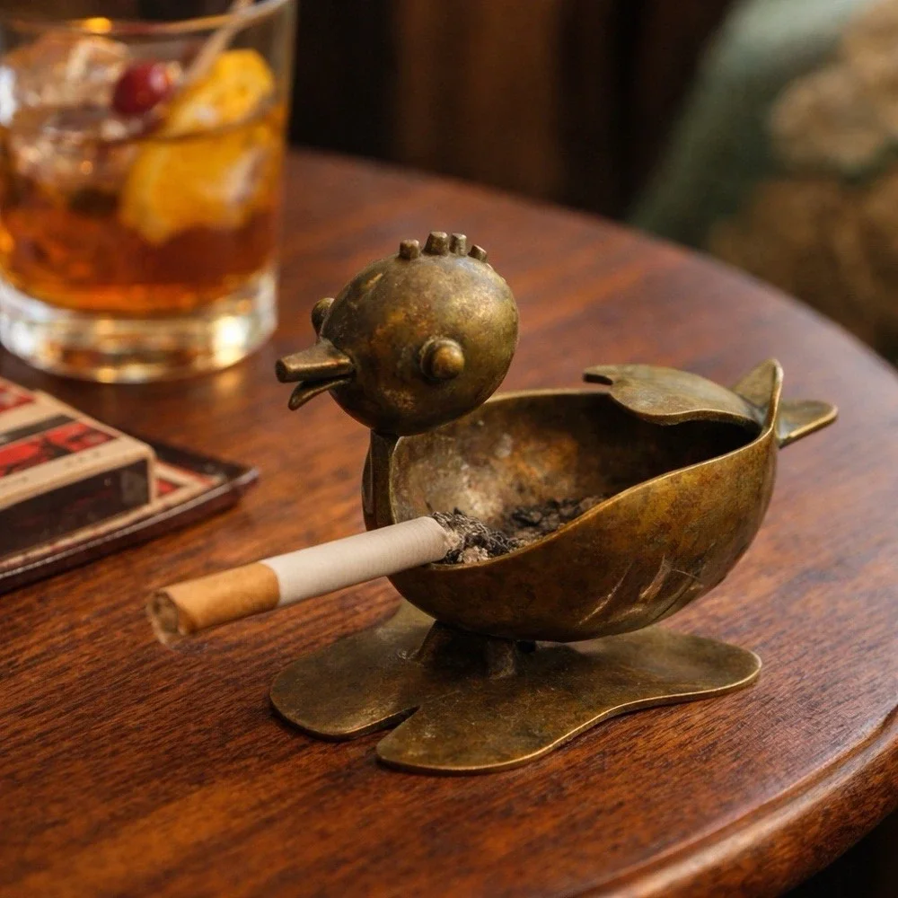 Vintage Mid-Century Brass Bird Ashtray 1950's Atomic Smoking Table Decor